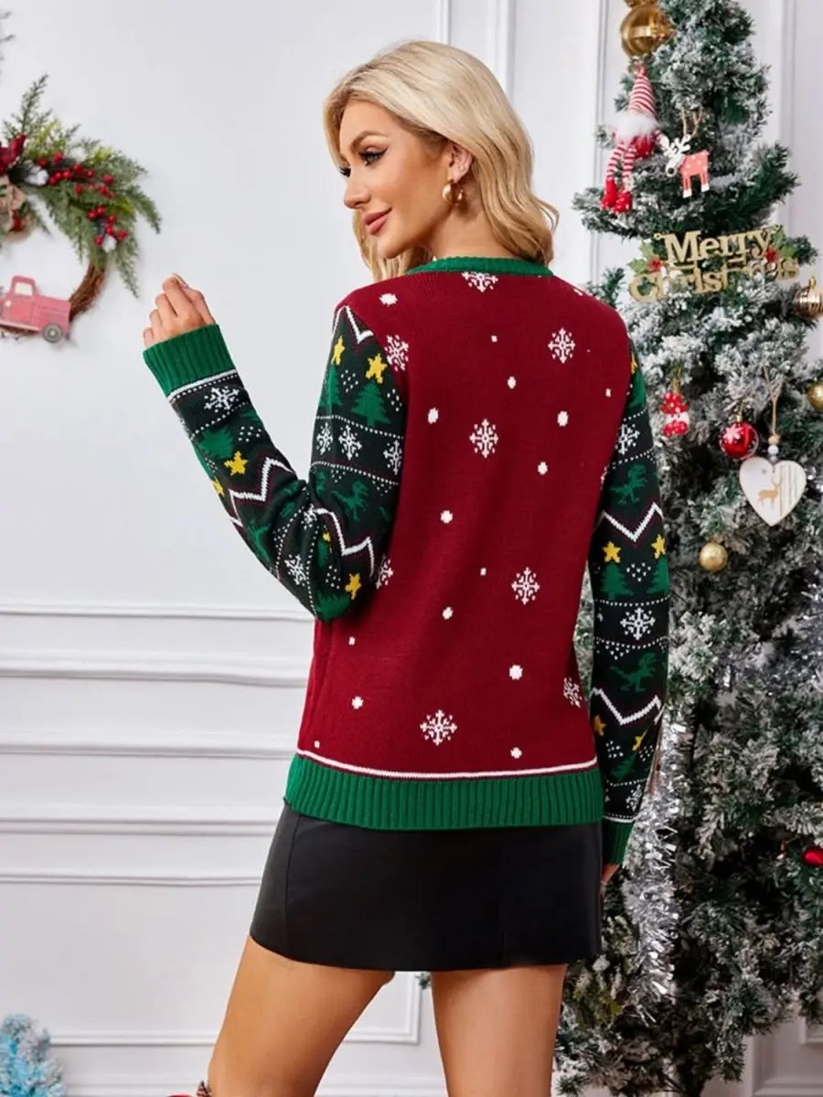 Christmas Element Round Neck Long Sleeve Sweater - Love Salve